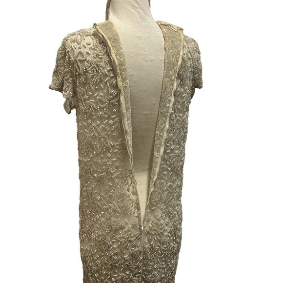 Vintage HandMade in Hong Kong Cream Clear and Pearl Beaded Dress Size 12 - Picture 8 of 9